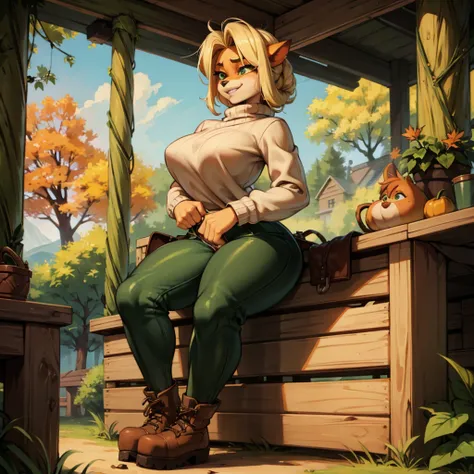  sancy anthro bandicoot girl redhead, braided hair, beautiful green eyes, sexy ,seductive, warm sweater, , camouflage pants, army boots, , Cozy autumn atmosphere, , the forest, autumn , Girl in sweater, ,trousers, army boots, furry anthro bandicoot, seduct...