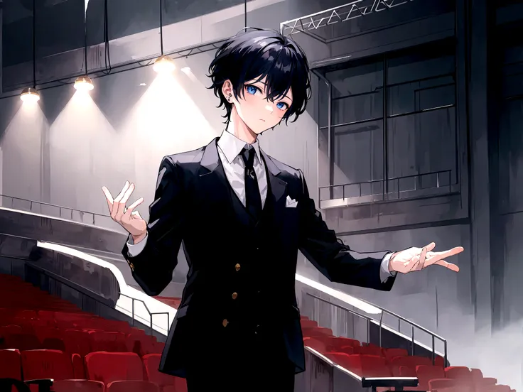 anime figure in suit and tie standing in front of a stage, pretty anime pose, big anime guy with blue eyes, anime moe art style,...