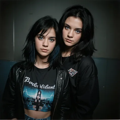 1980s Kodak photo of a young 25 year old rock girl with black 
hair , blue eyes ,wearing blck rock clothes in night club
 , photography by nan goldin, faded, film grain, cross processed image