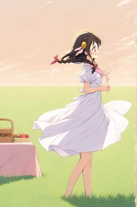 alone, One girl、Crown braids in the same color as your hair, hair ornaments, Hair Ribbon, Pink tie, (White dress), picnic、Black Hair、Happy smile、(blush:1.2)、Slightly larger breasts、Standing、Hair and skirts fluttering in the wind、Side view