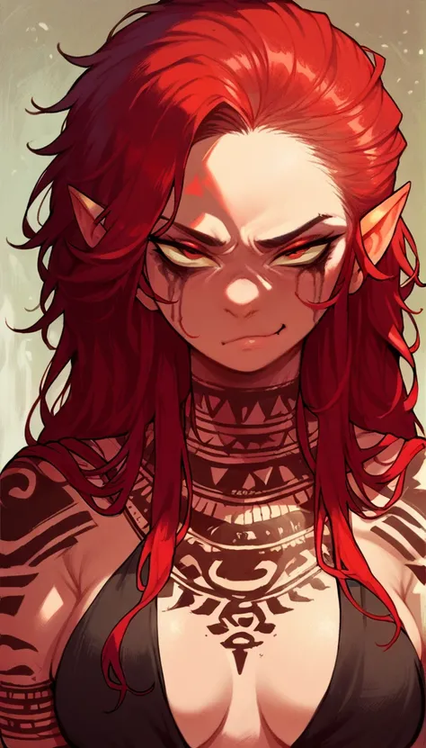 score_9, score_8_up, ((adult))
(dragon:1.2), _young, lagre_breasts , smug face, Serious face expression, tribal makeup, solo, (red hair, black scale, female),  (fullbody, Florescent tattoos,, focus), beautiful, 