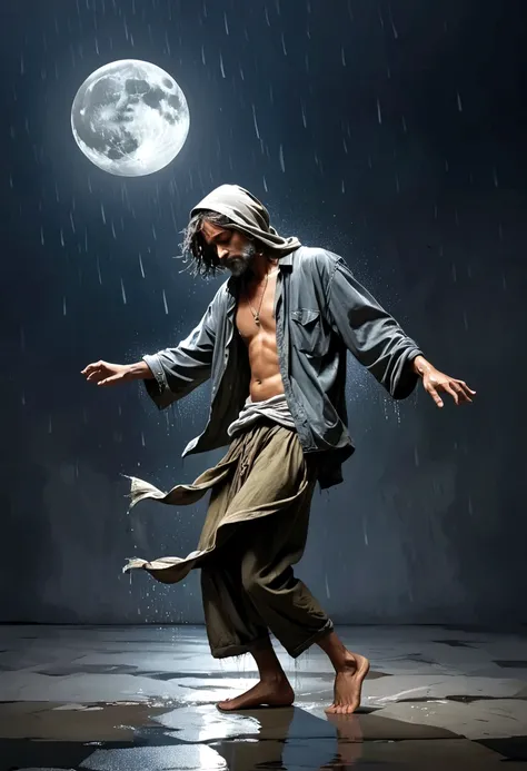 Soul Dancer Mark,A homeless man dancing alone in the moonlight and rain，Barefoot，Loose and worn clothes，Professional Action，Very contagious，Splash，Light and Shadow，Minimalism，artistic conception，Clean background