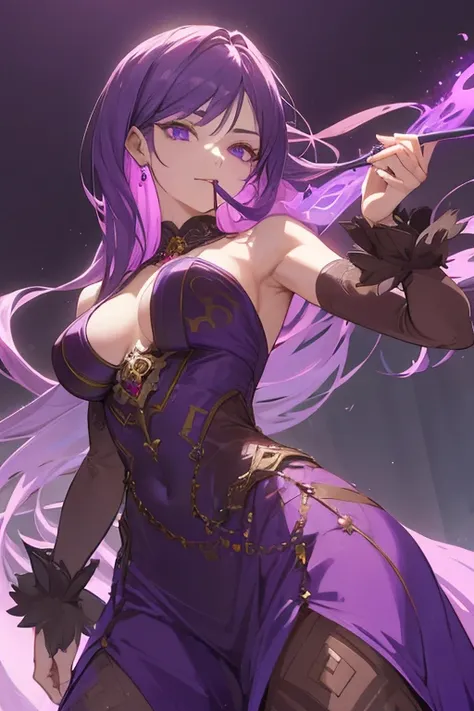 A noblewoman in her 40s with long purple hair and sharp purple eyes.、A gorgeous dress and a dagger on her hip、Put a cup of blood to your mouth、Fantasy World、Shaman