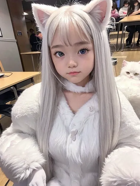 17-year-old girl、baby face、classmate、whole body、(white cat、cat ears、fur costume、white fur、fluffy costume、cat&#39;s tail)、spread ...