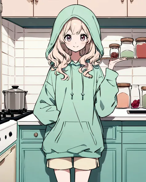 Create an anime-style illustration of a smiling girl standing in a kitchen. The girl has long, wavy hair and is wearing an oversized green hoodie with a hood over her head. She is also wearing shorts, which are partially visible beneath the hoodie. The kit...