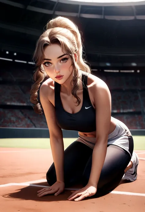 close up, beautiful mature college girl, ((Athletic sports:1.2)), Athletic sports wear, at the stadium, to accompany, ((Get on your knees)), ((place both hands on the floor)), defiance, outside on to accompany field, photorrealistic, cinematic lighting, da...