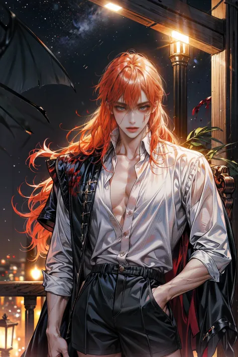 1 man,guy, handsome,Standing , at night,vampire boy,thick red long hair, long hair, red eyes,sexy boy, black shorts,at night,ultra detail, perfect face, clear face, HD face,Ultra detailed face,blood splash, boy only, one boy,1 male, 1 man,1men