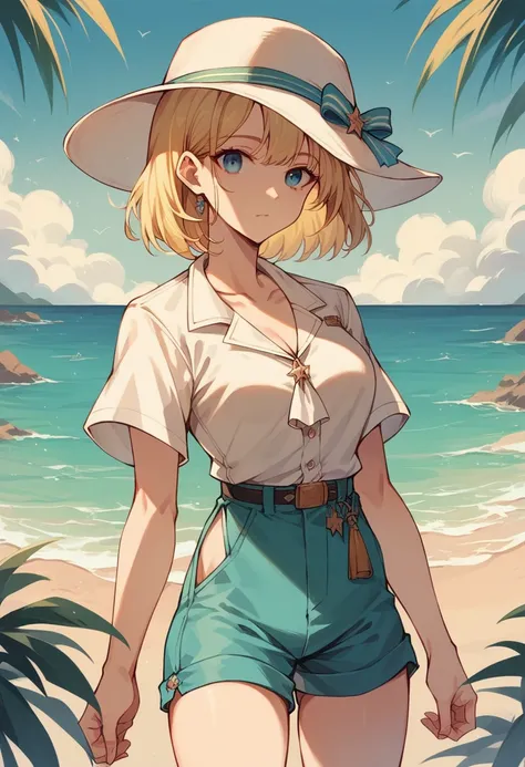 commander anime girl, open-neck summer dress, turquoise shorts, 18 years old, tall, medium length blonde hair, blue eyes, on vacation on an island, on the beach, stand up, white commander hat, alone, 8K