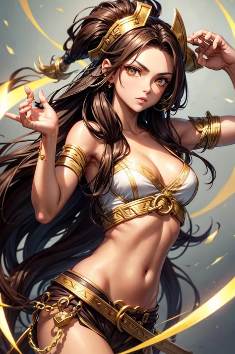 A pirate woman with dark brown hair, gold eyes, light skin, gold tips of hair, and a gold gradient from hands up arms