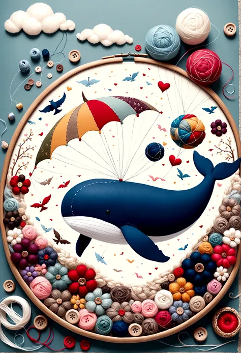 handicraft artwork,patchwork,wool felt,cloth,thread,button,handicrafts with a warm and gentle atmosphere,whale flying in the sky