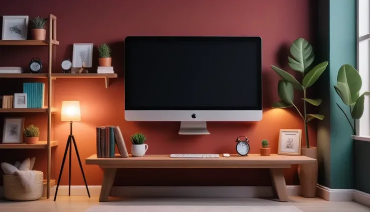 Design a beautifully looking wall for a youtube thumbnail background that has a good RGB light setup it has a small book shelve at the left hand side with some few books and some tech gadgets on a table with a table lamp, a table in front of the camera wit...