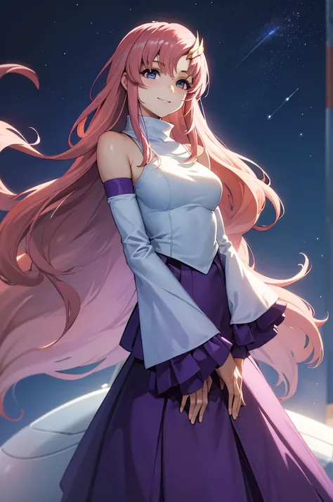 (masterpiece:1.3), (best quality:1.1), (8k, ultra detailed, ultra high res:1.2), ((anime style)), perfect 5 fingers, perfect anatomy, 
1girl,
BREAK long hair, wavy hair, pink hair, purple eyes,  
BREAK(white Turtle Neck, purple skirt, detached sleeves, sho...