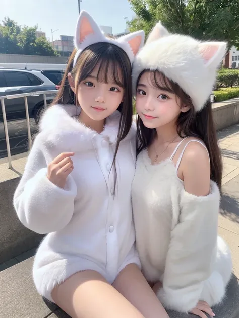 17-year-old girl、baby face、classmate、whole body、(white cat、cat ears、fur costume、white fur、fluffy costume、cat&#39;s tail)、spread ...