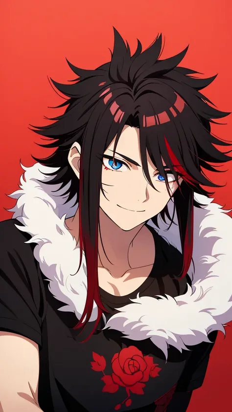 (high-quality, breathtaking),(expressive eyes, perfect face) 1boy, male, solo, young adult, black hair, red streaks in hair, red highlights, soft wavy hair, short hair length, soft smile, spiky hair, fluffy hair, spiked up hair, black japanese clothes, bla...