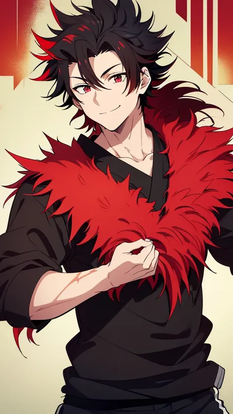 (high-quality, breathtaking),(expressive eyes, perfect face) 1boy, male, solo, young adult, black hair, red streaks in hair, red highlights, soft wavy hair, short hair length, soft smile, spiky hair, fluffy hair, spiked up hair, black japanese clothes, bla...