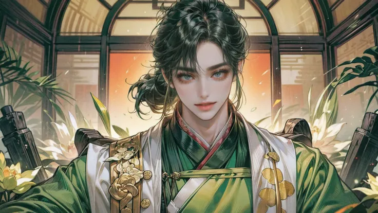 xianxia, (((best quality))),masterpiece,ultra high resolution,extraordinarily beautiful youth, a bright, villains smile,All green clothing,((boy 24 year old, green hanfu,green clothing, Chinese shirt style)) ,boy character ,((Thick black long hair)),beauti...