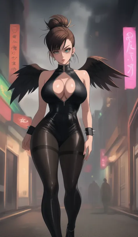 dark atmosphere dark anime Chun LI + Vegeta girl sexy angels bright white wings big tits spiky mohawk hair dress V-cuts walking on a gloomy dark street in neon pink high heels scared style photo realism, fully detailed drawing in black and black and only t...