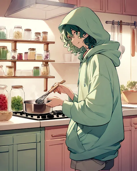 "Create an anime-style illustration of a smiling boy standing in a kitchen. The boy has short wavy hair and is wearing an oversized green hoodie with a hood over his head. He is also wearing shorts, which are partially visible beneath the hoodie. The kitch...