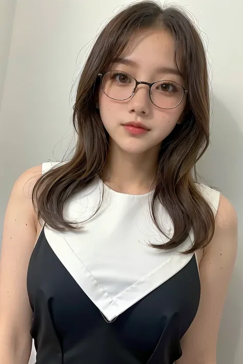 1girl, black  random formal dress, white background, brown hair, asian girl, black eyes, glasses