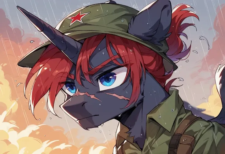 Male alicorn pony, black fur, long red hair, deep blue eyes, red feathers on wings, scar over left eye, red striping, vietnam-era helicopter pilot uniform, boonie hat, in a swamp, explosion in background, raining, wet hair, thousand-yard stare, close-up po...