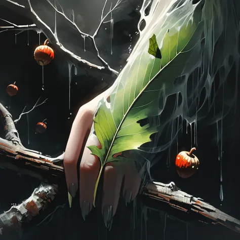 girl hand, old dead doom, branch with one green leaf and one acorn close-up,  graphic style of novel comics,dark novel style, comic, 2d, 8k, hyperrealism, masterpiece, high resolution, best quality, ultra-detailed, super realistic, Hyperrealistic art, high...