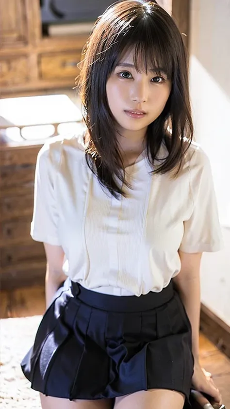 Photo-realistic quality、A woman in a white blouse is holding a golf club, Japanese girls uniform, Cute school girl, Realistic young gravure idol, Young and cute gravure idol, High school girl posing, Surreal , Young and skinny gravure idol,Girl wearing sho...