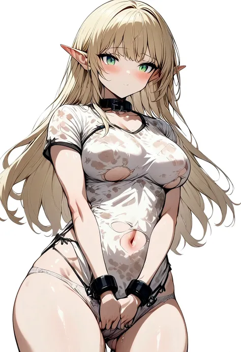 Anime. 1 girl. Elf. . Slave. Blonde. Long hair. Green eyes. Beautiful eyes. Slave collar Shackles. Dirty tunic. Torn tunic. Dirty panties. Torn panties. Urinary incontinence. I need to pee. I really desperately want to pee. She pees under herself. She pees...