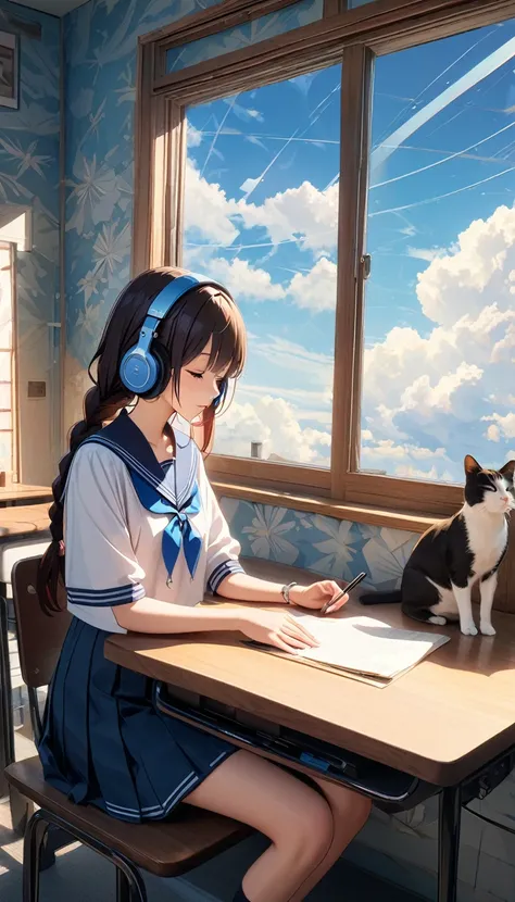 1 femaleHigh school student,Long Braid Hair,Hair color black,Dazzling sunshine,Sailor Suit, Sitting at a desk，Wearing headphones，Sitting at a desk用笔记本, Blue sky and white clouds outside the window，There is also a sleeping cat on the table ,quality(8K,Extre...