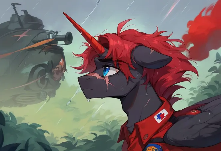 Male alicorn pony, black fur, long red hair, deep blue eyes, red feathers on wings, scar over left eye, red striping, vietnam-era helicopter pilot uniform, boonie hat, in a swamp, explosion in background, raining, wet hair, thousand-yard stare, close-up po...