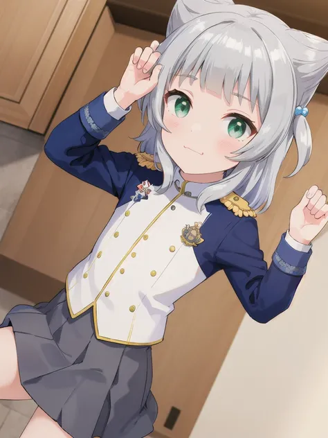 Highest quality,masterpiece,Green Eyes, Grey Hair, hair ornaments, Animal ears, Flat Chest,uniform,1 Boy,Woman on top