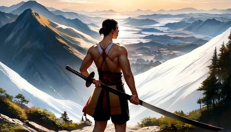 Flight Components, Realistic, 1 person, Samurai holding a Japanese sword, male,Back view,Highest quality,summer, Mountain