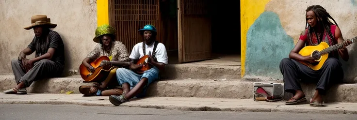 reggae jamaica, In the square of Jamaica、People sitting on the sidewalk listening to a man playing the guitar々. Pure reggae vibe