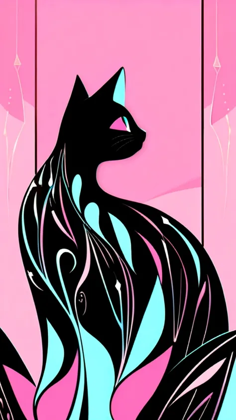 Cat in art, Main color Black, Secondary color cyan, Pastel pink background, artistic, Sophisticated, Warm style, Shapes include abstract cats, Playful forms, Elegant piece, Textures include fur textures, Smooth paint, Fabric texture, The lines contain grac...