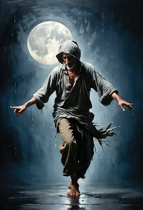 Soul Dancer Mark,A homeless man dancing alone in the moonlight and rain，Barefoot，Loose and worn clothes，Professional Action，Very contagious，Splash，Light and Shadow，Minimalism，artistic conception，Clean background