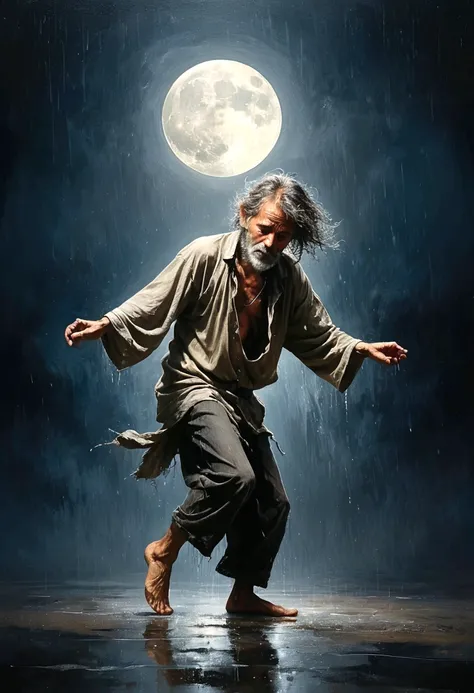 Soul Dancer Mark,A homeless man dancing alone in the moonlight and rain，Barefoot，Loose and worn clothes，Professional Action，Very contagious，Splash，Light and Shadow，Minimalism，artistic conception，Clean background