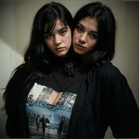 1980s Kodak photo of a young 25 year old rock girl with black 
hair , blue eyes ,wearing Black rock clothes , skin home

 , photography by nan goldin, faded, film grain, cross processed image