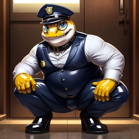 Solo, Male, fat, squatting, extremely obese, Gecko, blue eyes, (soft shading), 4k, hi res, ((detailed face, detailed)), looking at viewer, evil grin, police station, collared shirt with buttons, hat, male focus, Police Uniform, glasses, monocle, vest with ...