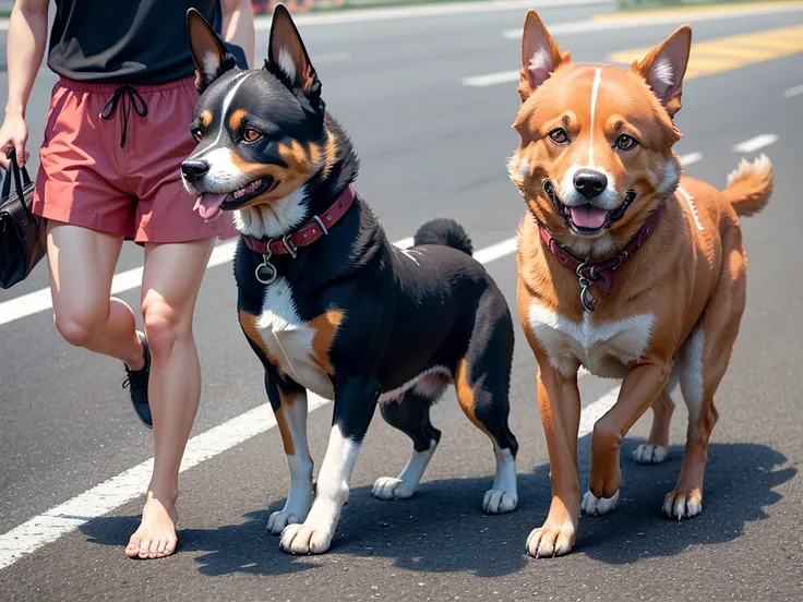 In the heat of the day、A dog is walking a person on the asphalt。Dog smiling。People are putting on fake smiles。
The asphalt is very hot、Burns on the limbs