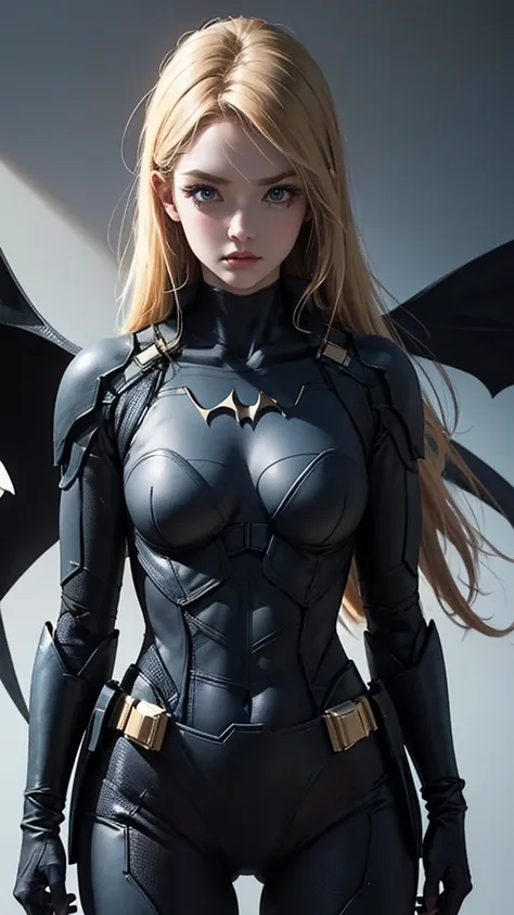 batman、woman、22 years old、woman体型、large breasts、blonde、mechanical suit、upper body