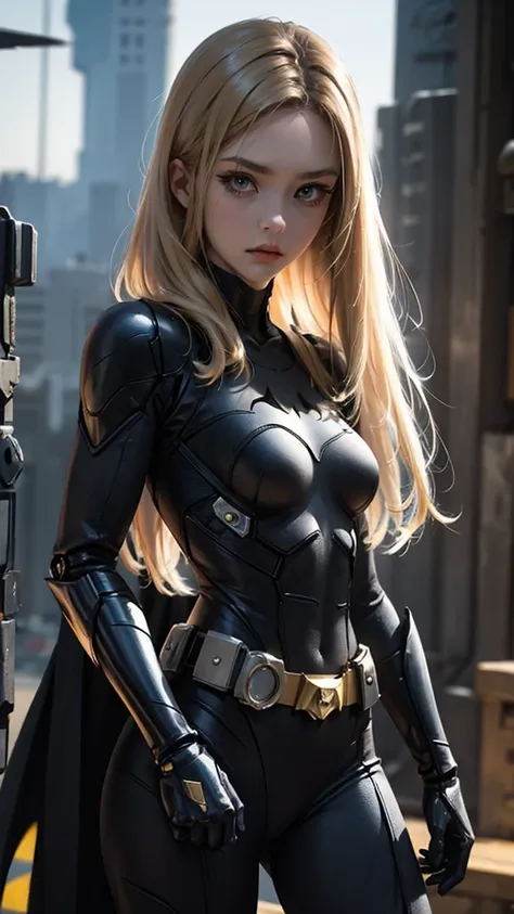 batman、woman、22 years old、woman体型、large breasts、blonde、mechanical suit、upper body