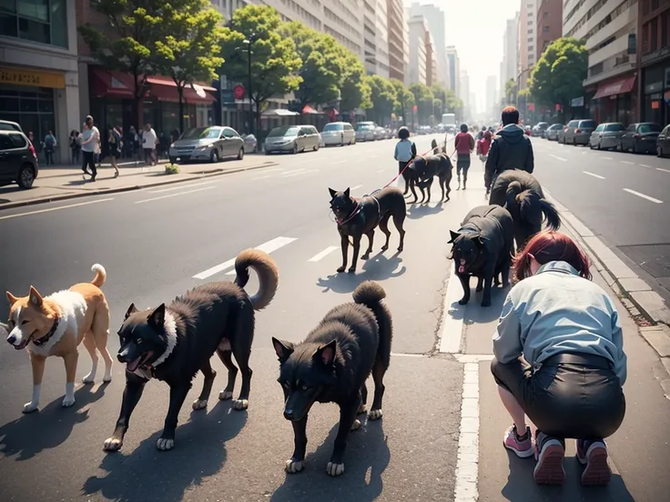 People walking dogs。People are on all fours