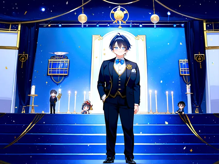 1boy, anime figure in suit and tie standing in front of a stage, pretty anime pose, big anime guy with blue eyes, anime moe art ...