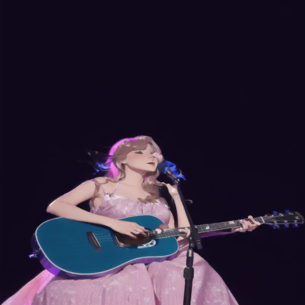 Wearing a pink off-shoulder dress，Long hair，Holding a blue guitar，There is a koi fish on the guitar，Sing into the microphone