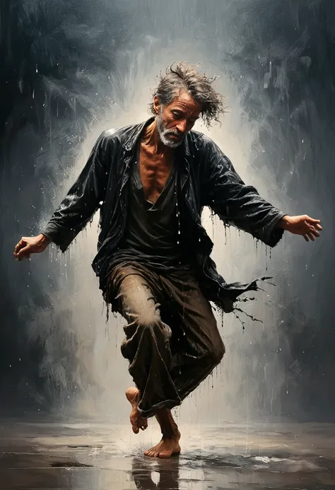 Soul Dancer Mark,A homeless man dancing alone in the rain，Barefoot，Loose and worn clothes，Professional Action，Very contagious，Splash，Light and Shadow，Minimalism，artistic conception，Clean background