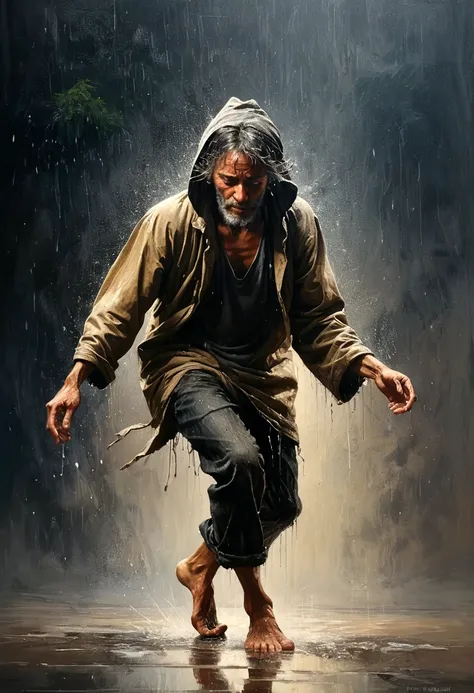 Soul Dancer Mark,A homeless man dancing alone in the rain，Barefoot，Loose and worn clothes，Professional Action，Very contagious，Splash，Light and Shadow，Minimalism，artistic conception，Clean background