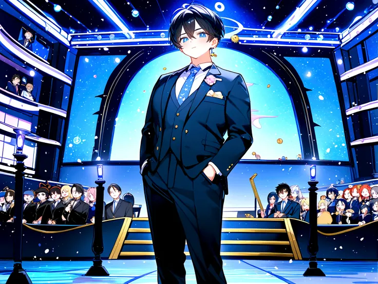 1boy, anime figure in suit and tie standing in front of a stage, pretty anime pose, big anime guy with blue eyes, anime moe art ...