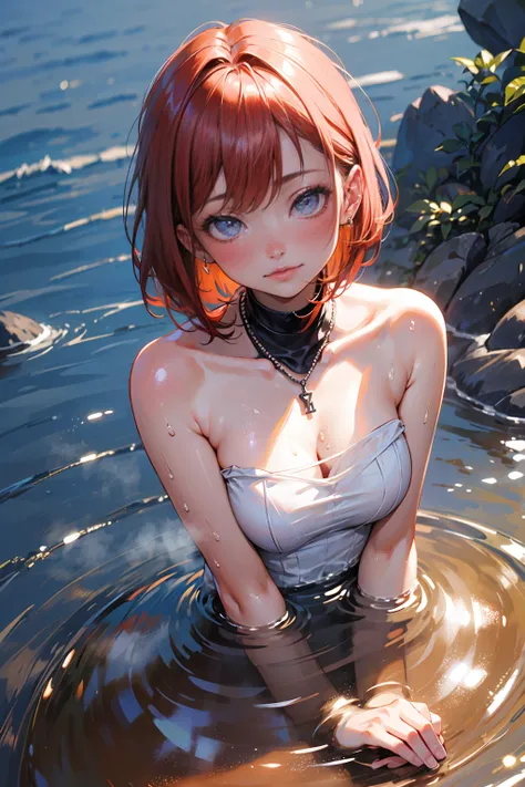 Hot spring resorts in Japan,(Hot water smoke to prevent visibility,Steaming steam,water vapour:1.3),(Rock bath open-air bath:1.3),(Take a deep shoulder soak in the open-air bath:1,3),Blushing cheeks、shyly smile、(beautiful a girl)、(short hair of red-brown c...