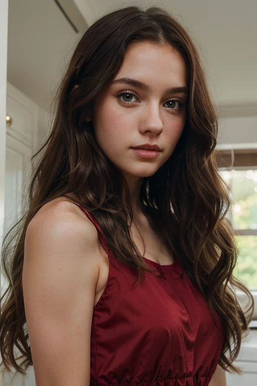 make a pretty British girl who has a white skin and had a little curly long brown hair and had a dark green eyes and wearing a aesthetic red dress