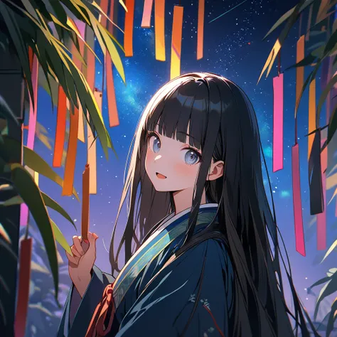 (8K, best quality, master piece: 1.2), super high resolution,1 girl,solo,16yo,ultra-detailed face,detailed eyes,black hair,blunt bangs,Straight hair,Long hair,light smile, open mouth,Hanfu,The girl holding a Tanabata wish paper with the number "777" writte...