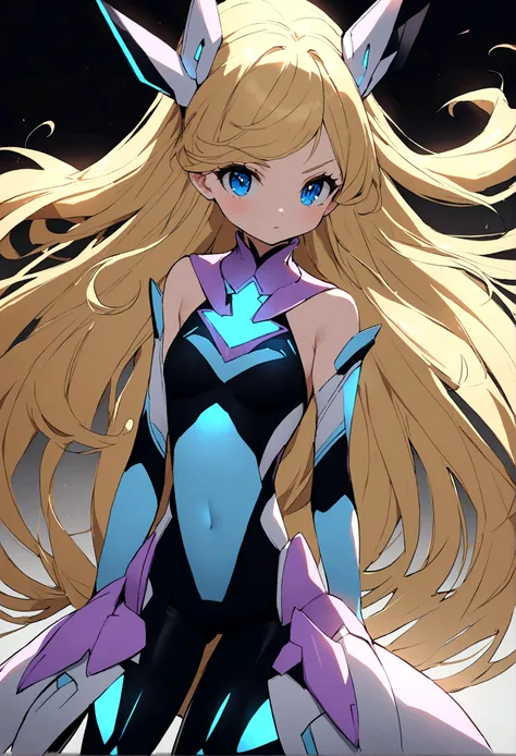 a futuristic magicalgirl, blond long hair, blue eyes, wearing a tight fitting clearly futuristic magicalgirl outfit